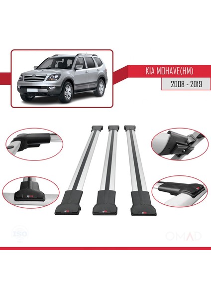 Kia Mohave (Hm) 2008-2019 Arası ile Uyumlu Fly Model Ara Atkı Tavan Barı Gri 3 Adet Bar