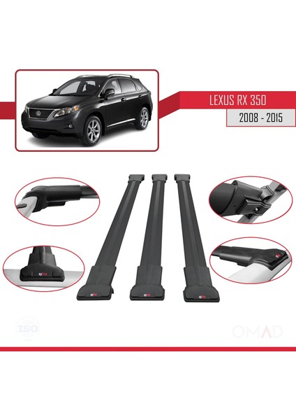 Lexus RX350 - RX350-2 2008-2015 Arası ile Uyumlu Fly Model Ara Atkı Tavan Barı Siyah 3 Adet Bar