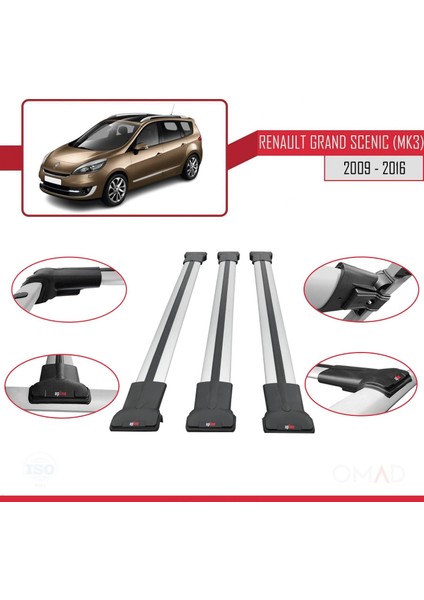Renault Grand Scenic (Mk3) 2009-2016 Arası ile Uyumlu Fly Model Ara Atkı Tavan Barı Gri 3 Adet Bar