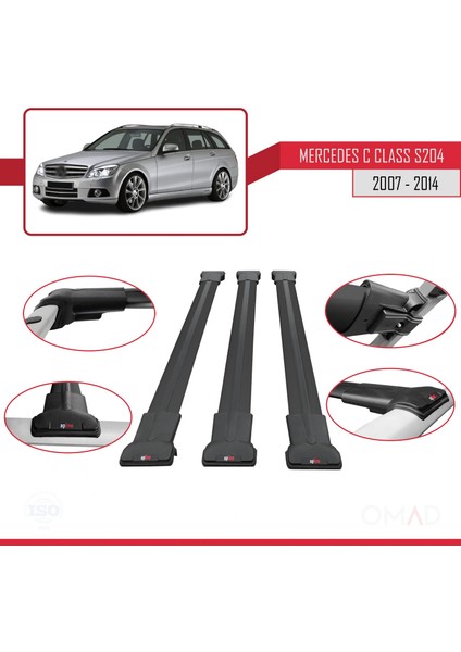 Mercedes C Class (S204) 2007-2014 Arası ile Uyumlu Fly Model Ara Atkı Tavan Barı Siyah 3 Adet Bar