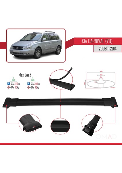 Kia Carnival (Vq) 2006-2014 Arası ile Uyumlu Fly Model Ara Atkı Tavan Barı Siyah 3 Adet Bar