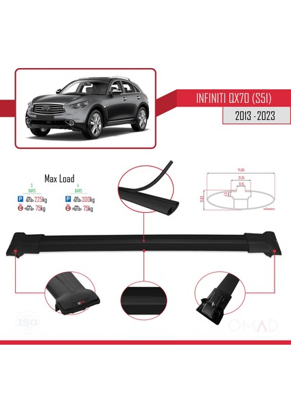 Infiniti QX70 S51 2013 ve Sonrası ile Uyumlu Fly Model Ara Atkı Tavan Barı Siyah 3 Adet Bar