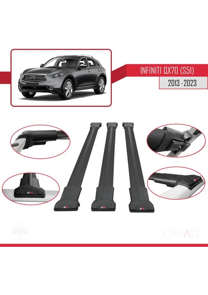 Infiniti QX70 S51 2013 ve Sonrası ile Uyumlu Fly Model Ara Atkı Tavan Barı Siyah 3 Adet Bar