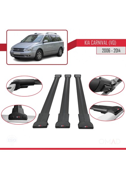 Kia Carnival (Vq) 2006-2014 Arası ile Uyumlu Fly Model Ara Atkı Tavan Barı Siyah 3 Adet Bar