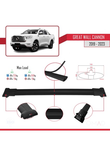 Great Wall Cannon 2019 ve Sonrası ile Uyumlu Fly Model Ara Atkı Tavan Barı Siyah 3 Adet Bar modelleri