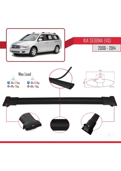 Kia Sedona (Vq) 2006-2014 Arası ile Uyumlu Fly Model Ara Atkı Tavan Barı Siyah 3 Adet Bar