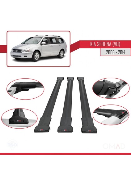 Kia Sedona (Vq) 2006-2014 Arası ile Uyumlu Fly Model Ara Atkı Tavan Barı Siyah 3 Adet Bar