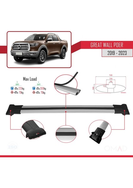 Great Wall Poer 2019 ve Sonrası ile Uyumlu Fly Model Ara Atkı Tavan Barı Gri 3 Adet Bar modelleri
