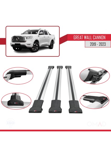 Great Wall Cannon 2019 ve Sonrası ile Uyumlu Fly Model Ara Atkı Tavan Barı Gri 3 Adet Bar