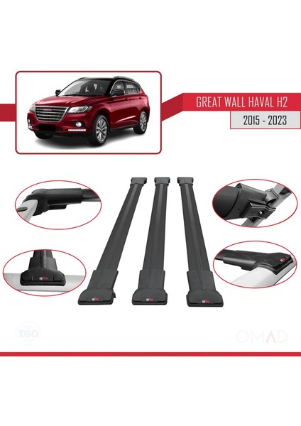 Great Wall Haval H2 2015 ve Sonrası ile Uyumlu Fly Model Ara Atkı Tavan Barı Siyah 3 Adet Bar fırsatları