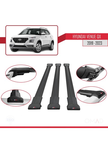 Hyundai Venue (Qx) 2019 ve Sonrası ile Uyumlu Fly Model Ara Atkı Tavan Barı Siyah 3 Adet Bar