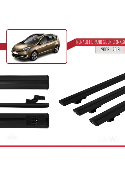 Renault Grand Scenic (Mk3) 2009-2016 Arası ile Uyumlu Basıc Model Ara Atkı Tavan Barı Siyah 3 Adet modelleri