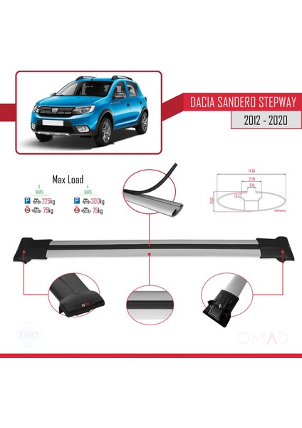 Dacia Sandero Stepway 2012-2020 Arası ile Uyumlu Fly Model Ara Atkı Tavan Barı Gri 3 Adet Bar modelleri