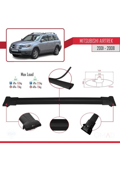 Mitsubishi Airtrek 2001-2008 Arası ile Uyumlu Fly Model Ara Atkı Tavan Barı Siyah modelleri