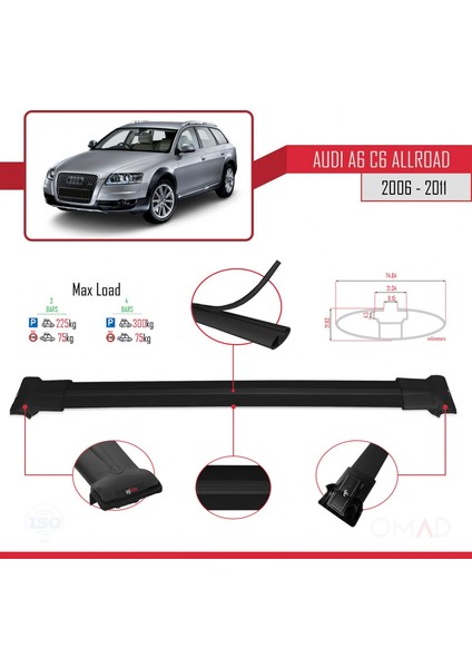 Audi A6 (C6) Allroad 2006-2011 Arası ile Uyumlu Fly Model Ara Atkı Tavan Barı Siyah 3 Adet Bar modelleri