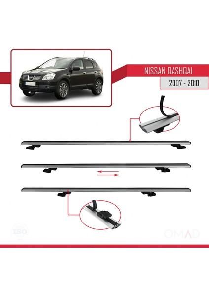 Nissan Qashqai 2007-2010 Arası ile Uyumlu Basıc Model Ara Atkı Tavan Barı Gri 3 Adet