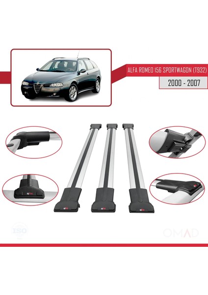 Alfa Romeo 156 Sportwagon (T932) 2000-2007 Arası ile Uyumlu Fly Model Ara Atkı Tavan Barı Gri 3 Adet Bar