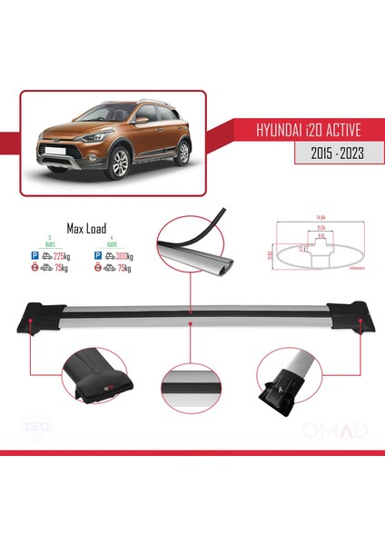 Hyundai I20 Actıve 2015 ve Sonrası ile Uyumlu Fly Model Ara Atkı Tavan Barı Gri 3 Adet Bar