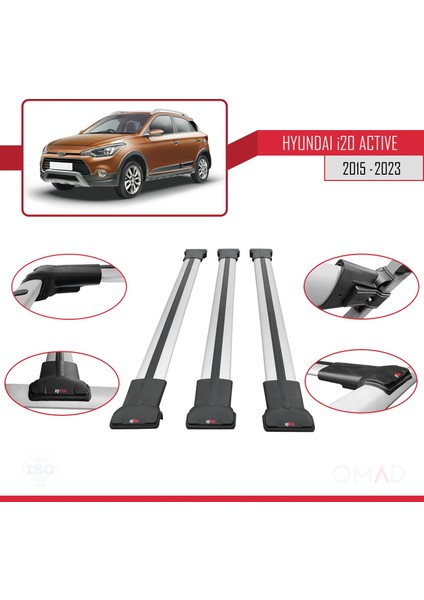 Hyundai I20 Actıve 2015 ve Sonrası ile Uyumlu Fly Model Ara Atkı Tavan Barı Gri 3 Adet Bar