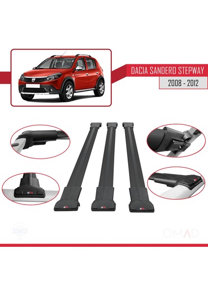 Dacia Sandero Stepway 2008-2012 Arası ile Uyumlu Fly Model Ara Atkı Tavan Barı Siyah 3 Adet Bar fırsatları