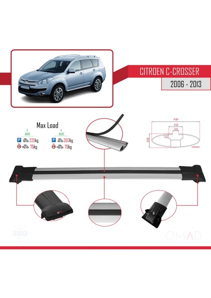 Citroen C-Crosser 2006-2013 Arası ile Uyumlu Fly Model Ara Atkı Tavan Barı Gri 3 Adet Bar