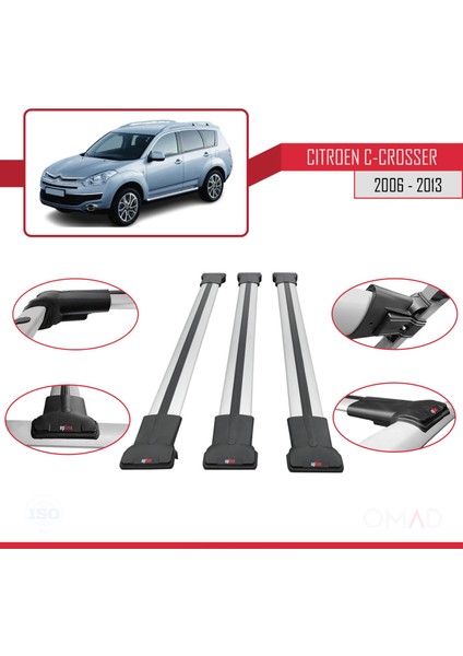 Citroen C-Crosser 2006-2013 Arası ile Uyumlu Fly Model Ara Atkı Tavan Barı Gri 3 Adet Bar