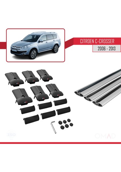 Citroen C-Crosser 2006-2013 Arası ile Uyumlu Fly Model Ara Atkı Tavan Barı Gri 3 Adet Bar