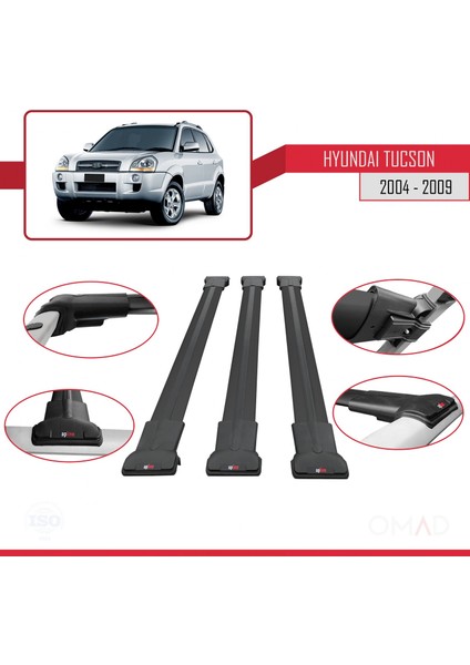 Hyundai Tucson 2004-2009 Arası ile Uyumlu Fly Model Ara Atkı Tavan Barı Siyah 3 Adet Bar