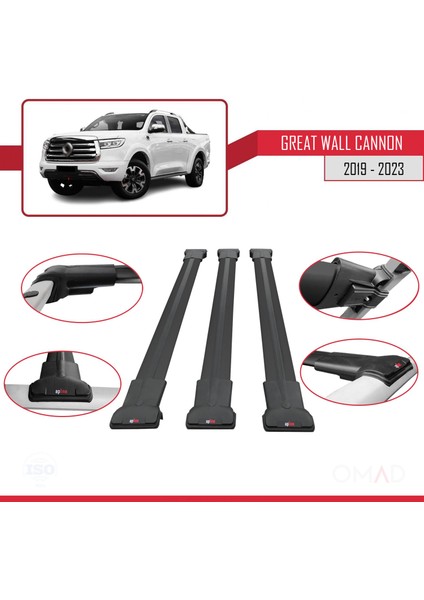 Great Wall Cannon 2019 ve Sonrası ile Uyumlu Fly Model Ara Atkı Tavan Barı Siyah 3 Adet Bar fırsatları