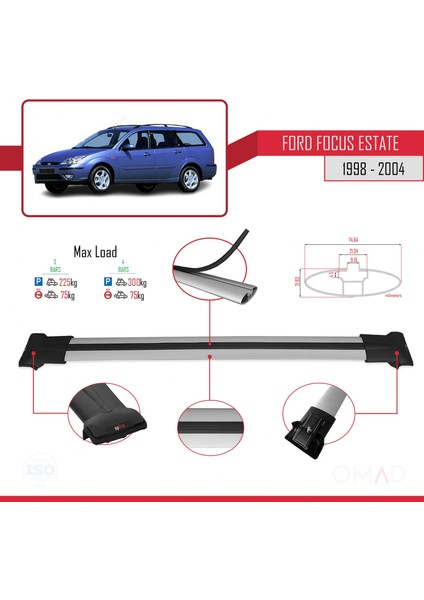 Ford Focus Estate C170 1998-2004 Arası ile Uyumlu Fly Model Ara Atkı Tavan Barı Gri 3 Adet Bar