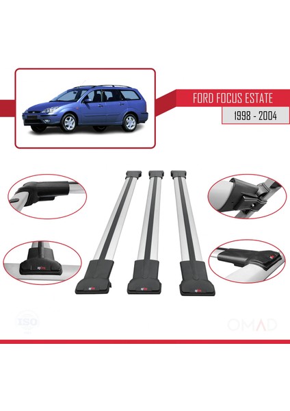 Ford Focus Estate C170 1998-2004 Arası ile Uyumlu Fly Model Ara Atkı Tavan Barı Gri 3 Adet Bar