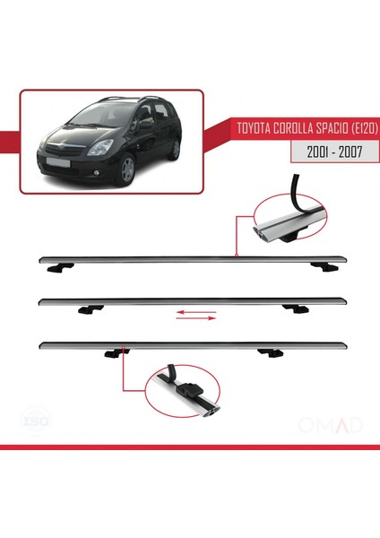 Toyota Corolla Spacio (E120) 2001-2007 Arası ile Uyumlu Basıc Model Ara Atkı Tavan Barı Gri 3 Adet