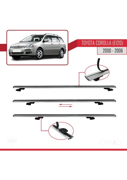 Toyota Corolla (E120) 2000-2006 Arası ile Uyumlu Basıc Model Ara Atkı Tavan Barı Gri 3 Adet