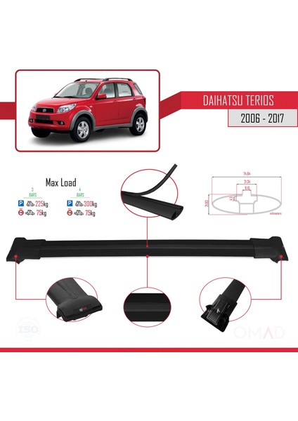 Daihatsu Terios 2006-2017 Arası ile Uyumlu Fly Model Ara Atkı Tavan Barı Siyah 3 Adet Bar