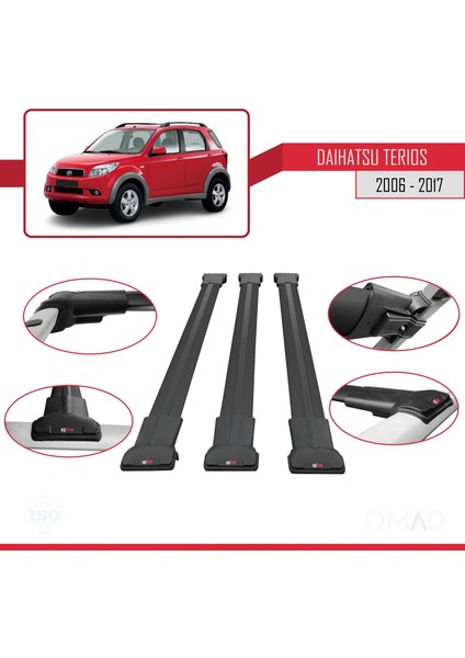 Daihatsu Terios 2006-2017 Arası ile Uyumlu Fly Model Ara Atkı Tavan Barı Siyah 3 Adet Bar