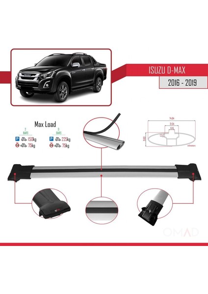 Isuzu D-Max 2016-2019 Arası ile Uyumlu Fly Model Ara Atkı Tavan Barı Gri modelleri