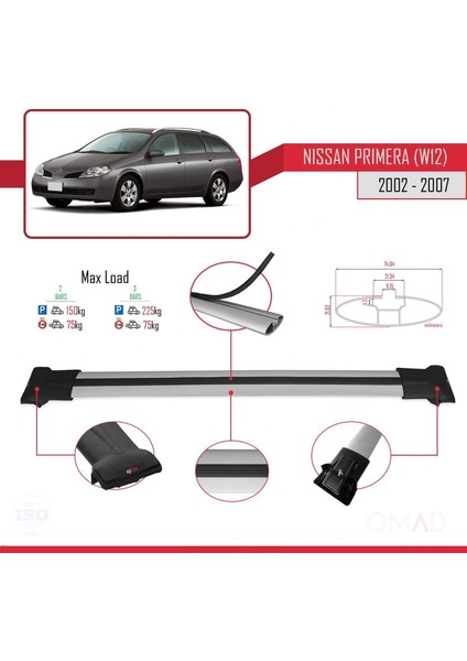 Nissan Primera (W12) 2002-2007 Arası ile Uyumlu Fly Model Ara Atkı Tavan Barı Gri