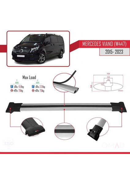 Mercedes Viano (W447) 2015 ve Sonrası ile Uyumlu Fly Model Ara Atkı Tavan Barı Gri modelleri