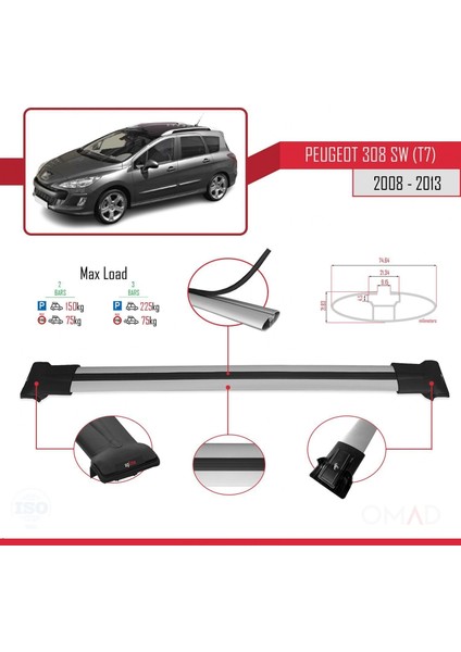Peugeot 308 Sw (T7) 2008-2013 Arası ile Uyumlu Fly Model Ara Atkı Tavan Barı Gri modelleri
