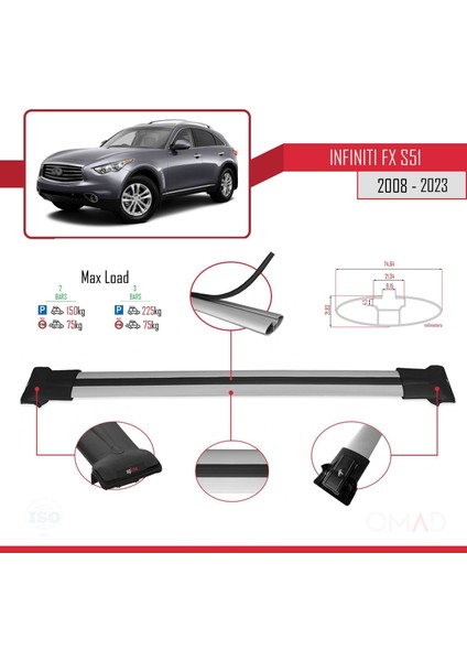 Infiniti Fx S51 2008 ve Sonrası ile Uyumlu Fly Model Ara Atkı Tavan Barı Gri