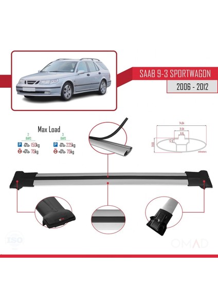 Saab 9-3 Sportwagon 2006-2012 Arası ile Uyumlu Fly Model Ara Atkı Tavan Barı Gri
