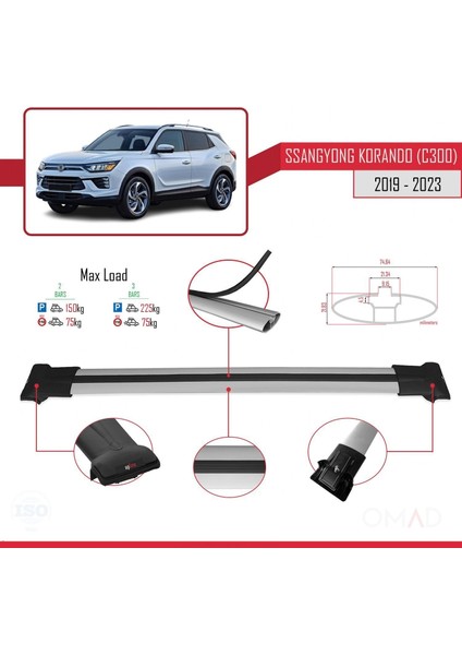 Ssangyong Korando (C300) 2019 ve Sonrası ile Uyumlu Fly Model Ara Atkı Tavan Barı Gri modelleri