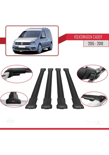 Volkswagen Caddy 2015-2019 Arası ile Uyumlu Fly Model Ara Atkı Tavan Barı Siyah 4 Adet Bar
