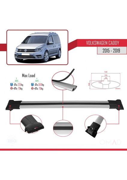 Volkswagen Caddy 2015-2019 Arası ile Uyumlu Fly Model Ara Atkı Tavan Barı Gri 4 Adet Bar