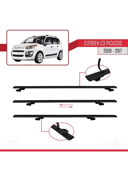 Citroen C3 Picasso 2007-2017 Arası ile Uyumlu Basıc Model Ara Atkı Tavan Barı Siyah 3 Adet