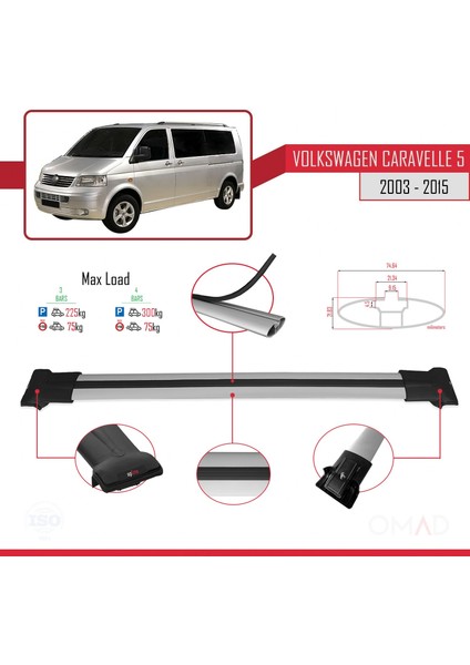 Volkswagen Caravelle (T5) 2003-2015 Arası ile Uyumlu Fly Model Ara Atkı Tavan Barı Gri 4 Adet Bar
