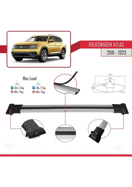 Volkswagen Atlas 2018 ve Sonrası ile Uyumlu Fly Model Ara Atkı Tavan Barı Gri modelleri