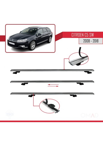 Citroen C5 Sw 2008-2018 Arası ile Uyumlu Basıc Model Ara Atkı Tavan Barı Gri 3 Adet