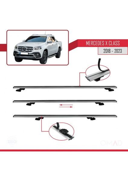 Mercedes x Class 2018 ve Sonrası ile Uyumlu Basıc Model Ara Atkı Tavan Barı Gri