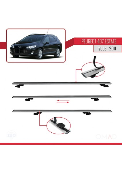 Peugeot 407 Estate 2005-2011 Arası ile Uyumlu Basıc Model Ara Atkı Tavan Barı Gri